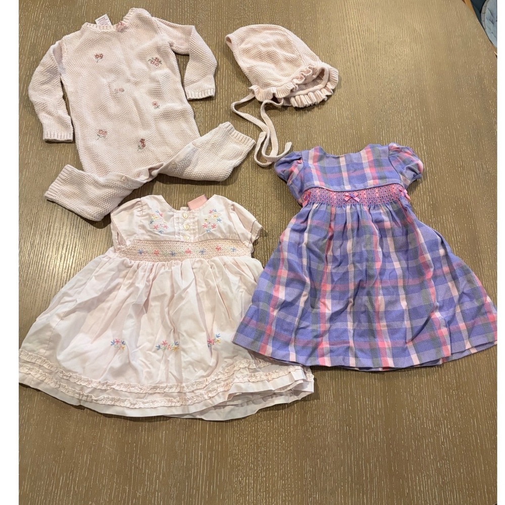 Baby Girls 6-9M Clothing Lot 4 Pc Smocked Dresses Knit Romper Bonnet Hartstrings